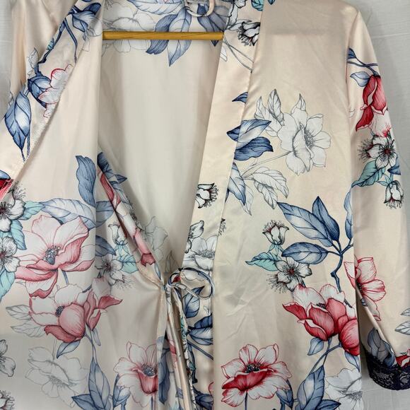 Linea Donatella Satin Short Robe Women's Large Pink Blue Floral - Picture 7 of 11
